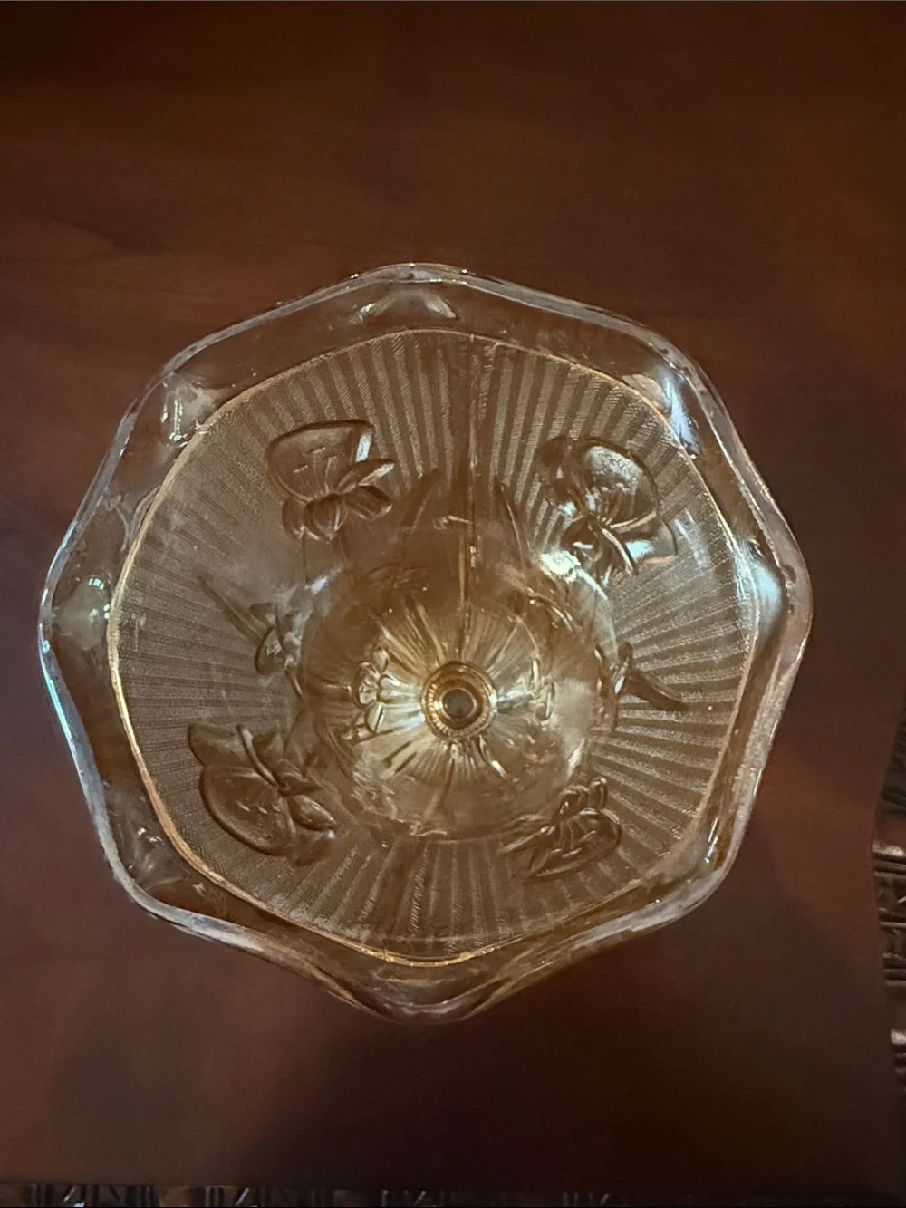 Jeanette Carnival Pressed Glass Flower Vase in Iris and Herringbone pattern.